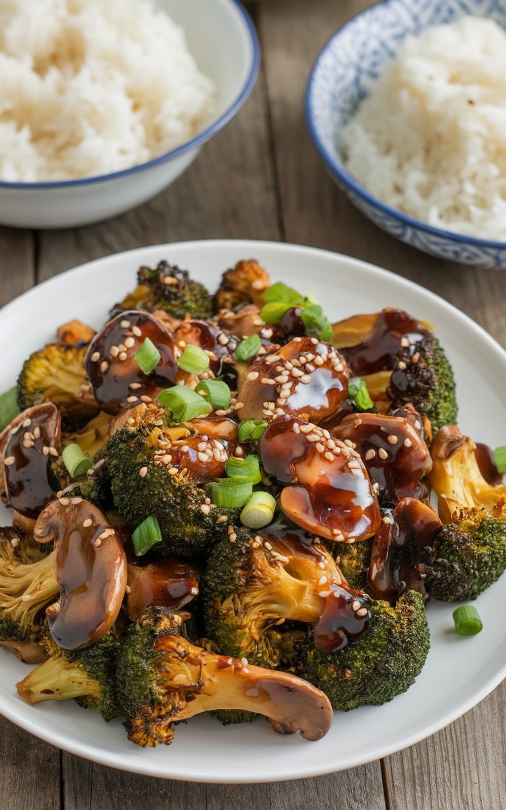 Garlic Soy Mushroom Broccoli Recipe Roasted broccoli and mushrooms with garlic soy sauce, garnished with sesame seeds and green onions, served with rice.